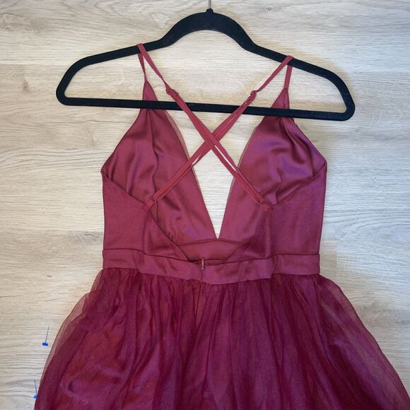 Fairy Grunge Boho Chic SHEIN Belle Plunging Neck Mesh-Overlay Dress Maroon S - Picture 7 of 10